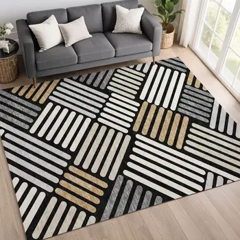 10' X 14' Black Beige And Ivory Geometric Washable Indoor Outdoor Area Rug