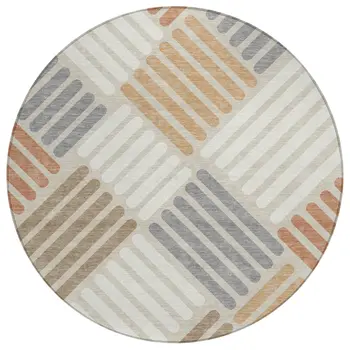 8' Copper Ivory And Rust Round Geometric Washable Indoor Outdoor Area Rug