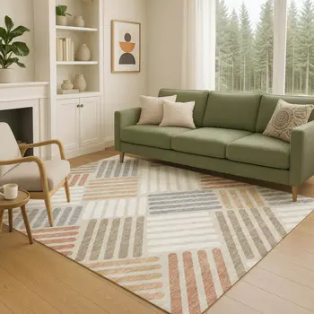 10' X 14' Copper Ivory And Rust Geometric Washable Indoor Outdoor Area Rug