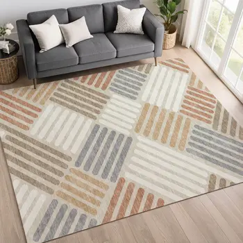 10' X 14' Copper Ivory And Rust Geometric Washable Indoor Outdoor Area Rug