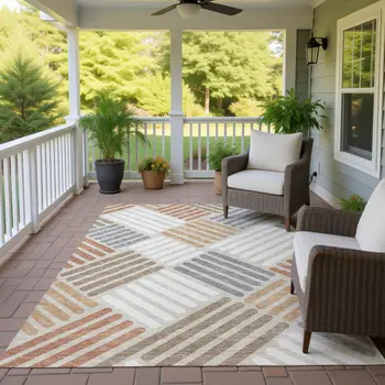 10' X 14' Copper Ivory And Rust Geometric Washable Indoor Outdoor Area Rug