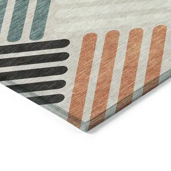 8' Sand Ivory And Black Round Geometric Washable Indoor Outdoor Area Rug