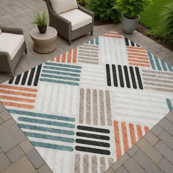 8' X 10' Sand Ivory And Black Geometric Washable Indoor Outdoor Area Rug