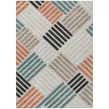8' X 10' Sand Ivory And Black Geometric Washable Indoor Outdoor Area Rug