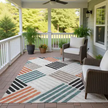 8' X 10' Sand Ivory And Black Geometric Washable Indoor Outdoor Area Rug