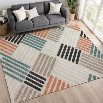 9' X 12' Sand Ivory And Black Geometric Washable Indoor Outdoor Area Rug