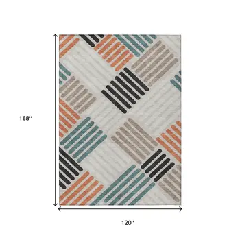 10' X 14' Sand Ivory And Black Geometric Washable Indoor Outdoor Area Rug