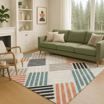 10' X 14' Sand Ivory And Black Geometric Washable Indoor Outdoor Area Rug