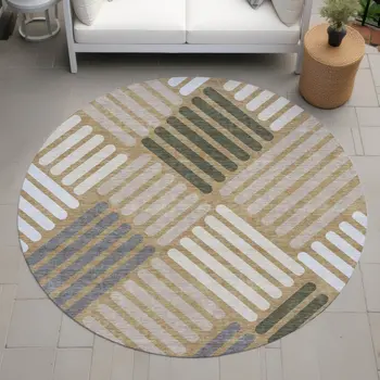 8' Gold Ivory And Charcoal Round Geometric Washable Indoor Outdoor Area Rug