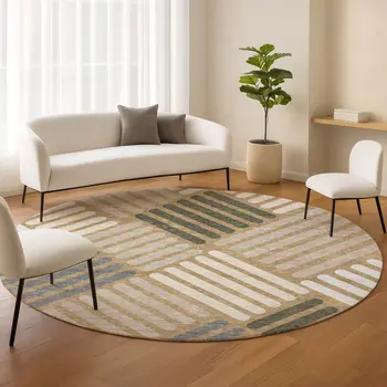 8' Gold Ivory And Charcoal Round Geometric Washable Indoor Outdoor Area Rug