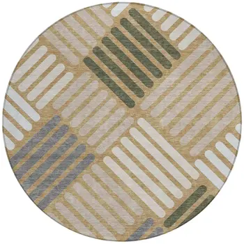 8' Gold Ivory And Charcoal Round Geometric Washable Indoor Outdoor Area Rug