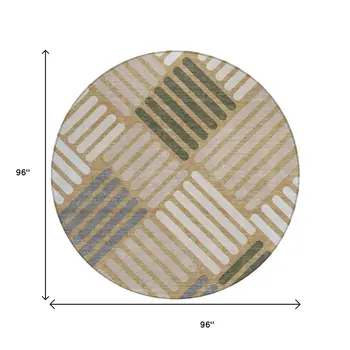 8' Gold Ivory And Charcoal Round Geometric Washable Indoor Outdoor Area Rug