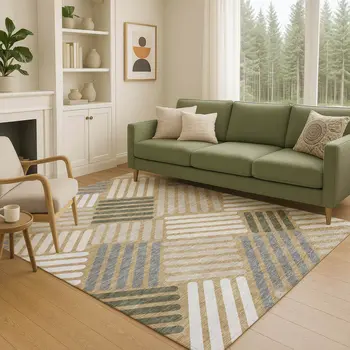8' X 10' Gold Ivory And Charcoal Geometric Washable Indoor Outdoor Area Rug