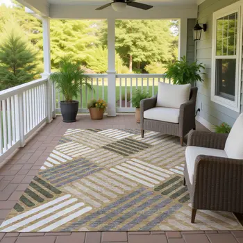10' X 14' Gold Ivory And Charcoal Geometric Washable Indoor Outdoor Area Rug