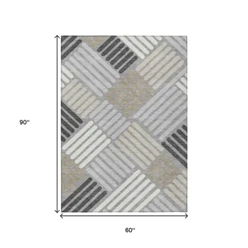 5' X 8' Gray Ivory And Tan Geometric Washable Indoor Outdoor Area Rug