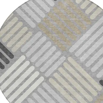 8' Gray Ivory And Tan Round Geometric Washable Indoor Outdoor Area Rug