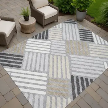 8' X 10' Gray Ivory And Tan Geometric Washable Indoor Outdoor Area Rug