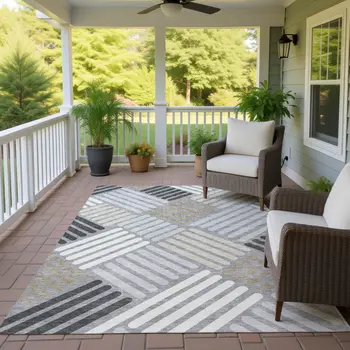 8' X 10' Gray Ivory And Tan Geometric Washable Indoor Outdoor Area Rug