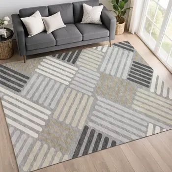 9' X 12' Gray Ivory And Tan Geometric Washable Indoor Outdoor Area Rug