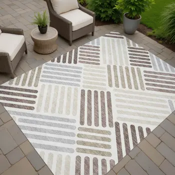3' X 5' Ivory Beige And Brown Geometric Washable Indoor Outdoor Area Rug