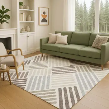 3' X 5' Ivory Beige And Brown Geometric Washable Indoor Outdoor Area Rug