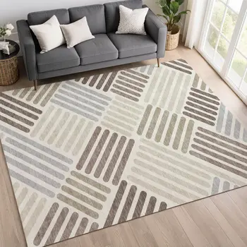 3' X 5' Ivory Beige And Brown Geometric Washable Indoor Outdoor Area Rug