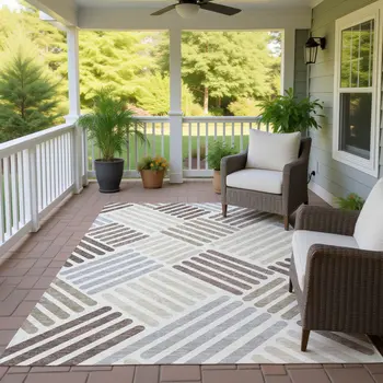 5' X 8' Ivory Beige And Brown Geometric Washable Indoor Outdoor Area Rug