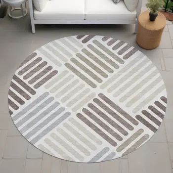 8' Ivory Beige And Brown Round Geometric Washable Indoor Outdoor Area Rug