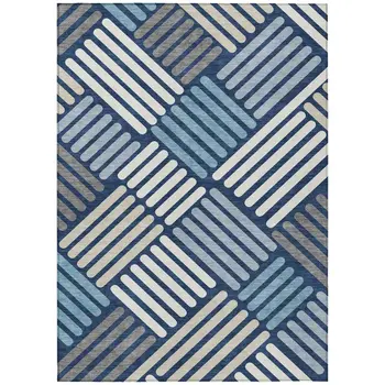 5' X 8' Navy Blue Ivory And Pewter Geometric Washable Indoor Outdoor Area Rug