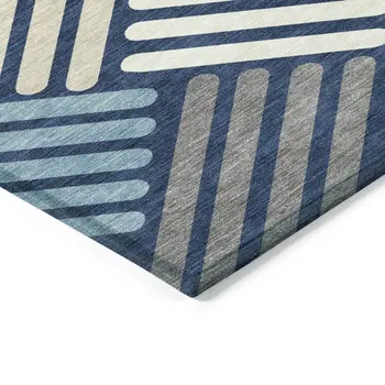 5' X 8' Navy Blue Ivory And Pewter Geometric Washable Indoor Outdoor Area Rug