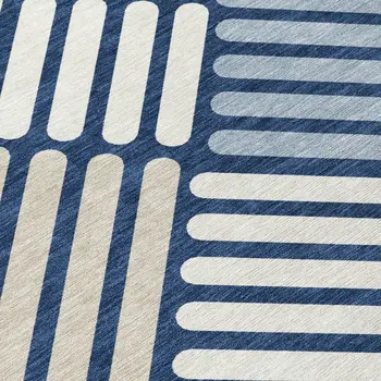 5' X 8' Navy Blue Ivory And Pewter Geometric Washable Indoor Outdoor Area Rug