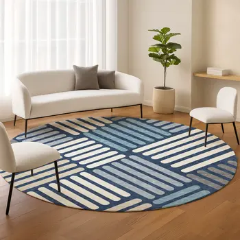 8' Navy Blue Ivory And Pewter Round Geometric Washable Indoor Outdoor Area Rug
