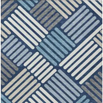 10' X 14' Navy Blue Ivory And Pewter Geometric Washable Indoor Outdoor Area Rug