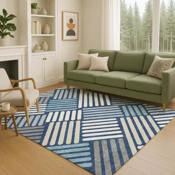 10' X 14' Navy Blue Ivory And Pewter Geometric Washable Indoor Outdoor Area Rug