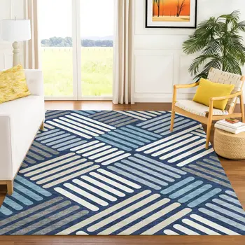 10' X 14' Navy Blue Ivory And Pewter Geometric Washable Indoor Outdoor Area Rug