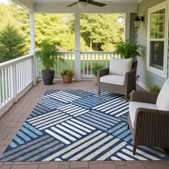 10' X 14' Navy Blue Ivory And Pewter Geometric Washable Indoor Outdoor Area Rug