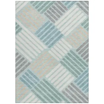 3' X 5' Pale Aqua Wheat And Ivory Geometric Washable Indoor Outdoor Area Rug