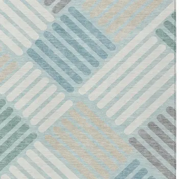 3' X 5' Pale Aqua Wheat And Ivory Geometric Washable Indoor Outdoor Area Rug
