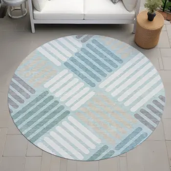 8' Pale Aqua Wheat And Ivory Round Geometric Washable Indoor Outdoor Area Rug