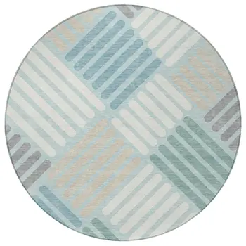8' Pale Aqua Wheat And Ivory Round Geometric Washable Indoor Outdoor Area Rug