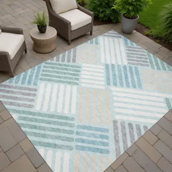 8' X 10' Pale Aqua Wheat And Ivory Geometric Washable Indoor Outdoor Area Rug