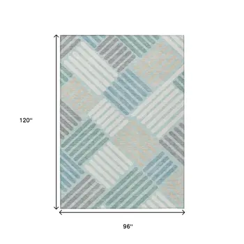 8' X 10' Pale Aqua Wheat And Ivory Geometric Washable Indoor Outdoor Area Rug