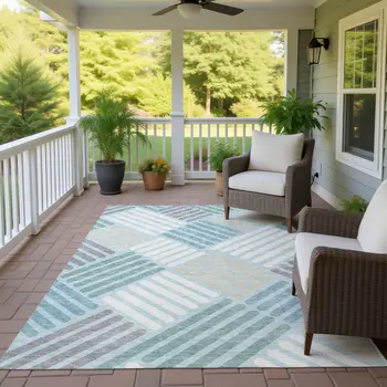 8' X 10' Pale Aqua Wheat And Ivory Geometric Washable Indoor Outdoor Area Rug