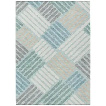 10' X 14' Pale Aqua Wheat And Ivory Geometric Washable Indoor Outdoor Area Rug