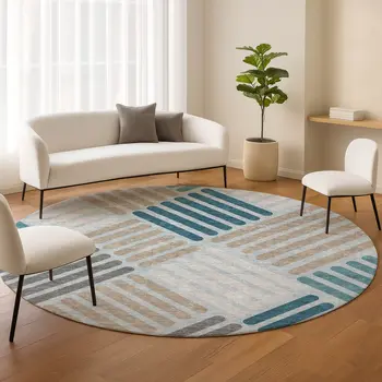8' Teal Blue Wheat And Gray Round Geometric Washable Indoor Outdoor Area Rug
