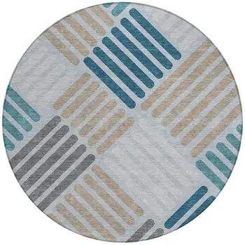 8' Teal Blue Wheat And Gray Round Geometric Washable Indoor Outdoor Area Rug
