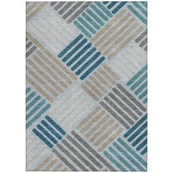 8' X 10' Teal Blue Wheat And Gray Geometric Washable Indoor Outdoor Area Rug