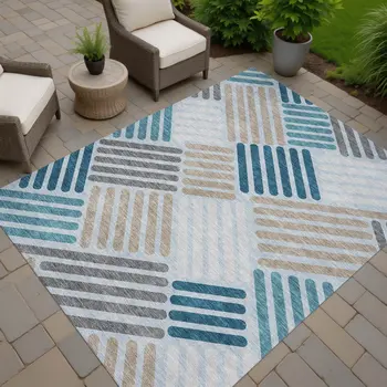 8' X 10' Teal Blue Wheat And Gray Geometric Washable Indoor Outdoor Area Rug