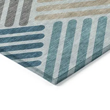 8' X 10' Teal Blue Wheat And Gray Geometric Washable Indoor Outdoor Area Rug