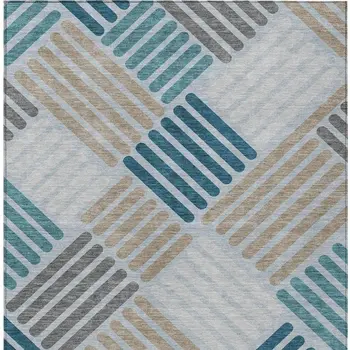 8' X 10' Teal Blue Wheat And Gray Geometric Washable Indoor Outdoor Area Rug